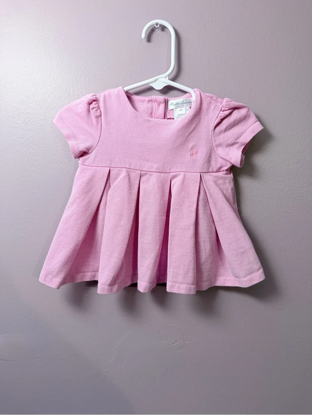 Ralph Lauren Baby Girl Pink Pleated Short Sleeve Cotton Knit Dress Top